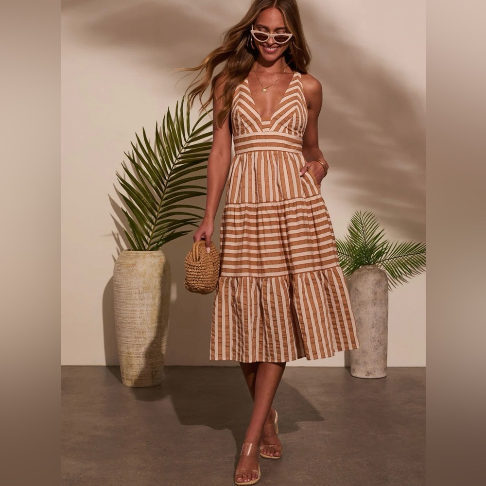Vici Striped Tan and White Midi Dress